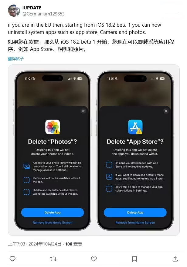 衡水苹果手机维修分享iOS 18.2 支持删除 App Store 应用商店 